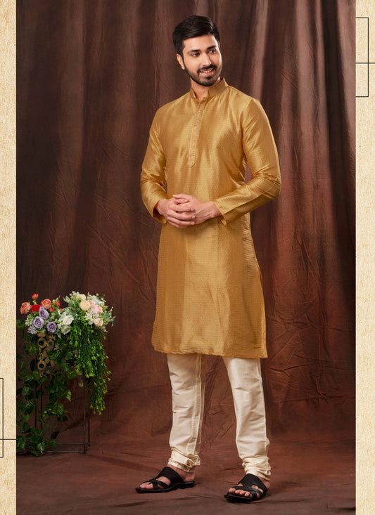 Golden Jacquard Men Kurta Pyjama Set