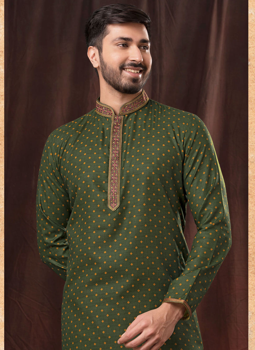Moss Green Polyester Printed Kurta Pyjama Set