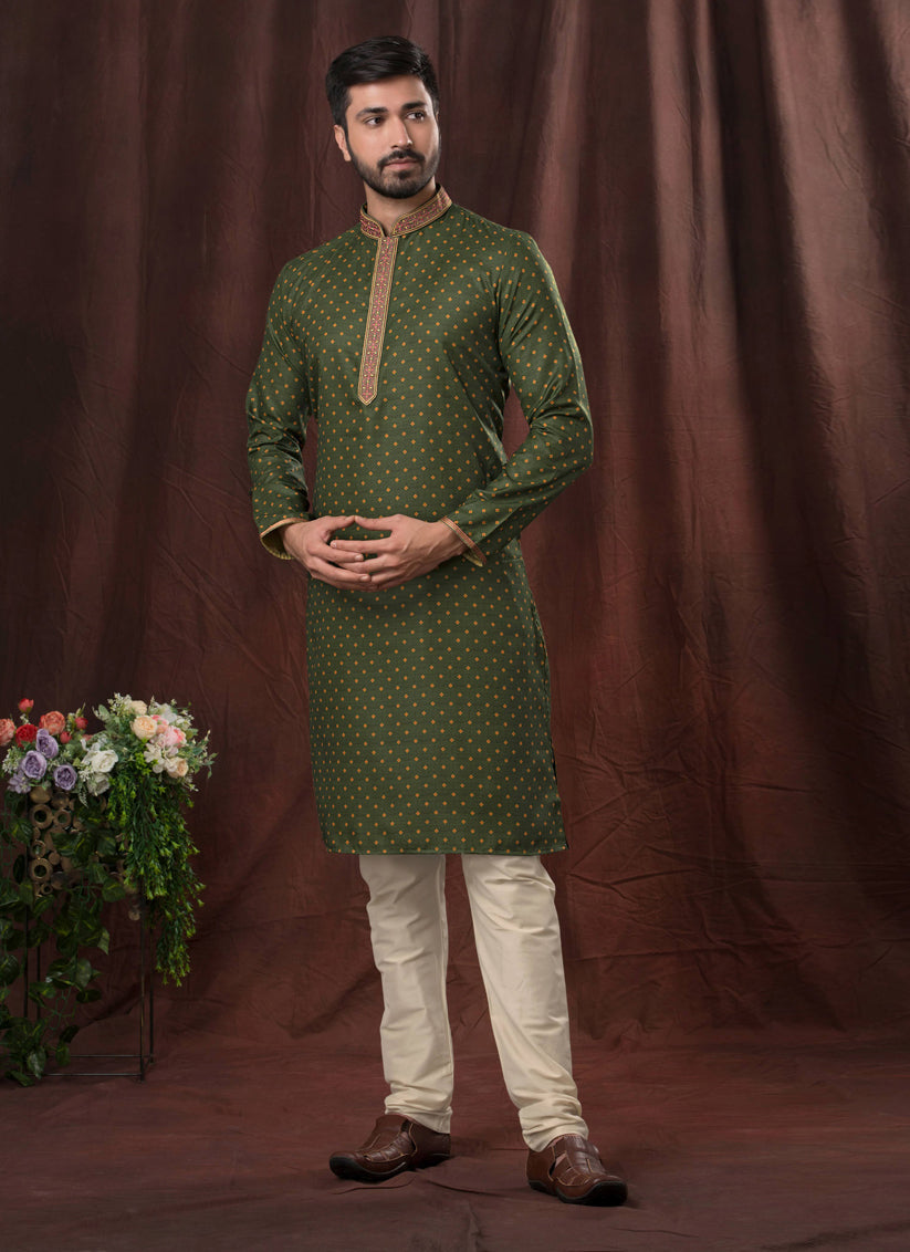 Moss Green Polyester Printed Kurta Pyjama Set