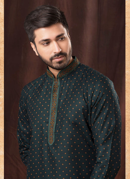 Peacock Blue Polyester Printed Kurta Pyjama Set