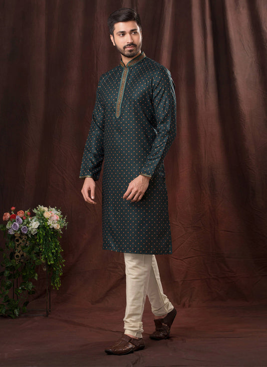 Peacock Blue Polyester Printed Kurta Pyjama Set