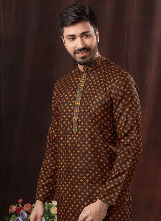 Chocolate Brown Polyester Printed Kurta Pyjama Set