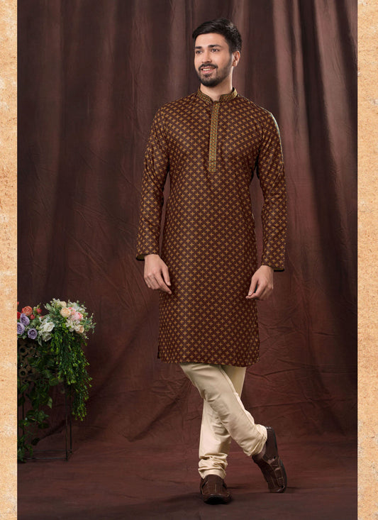 Chocolate Brown Polyester Printed Kurta Pyjama Set