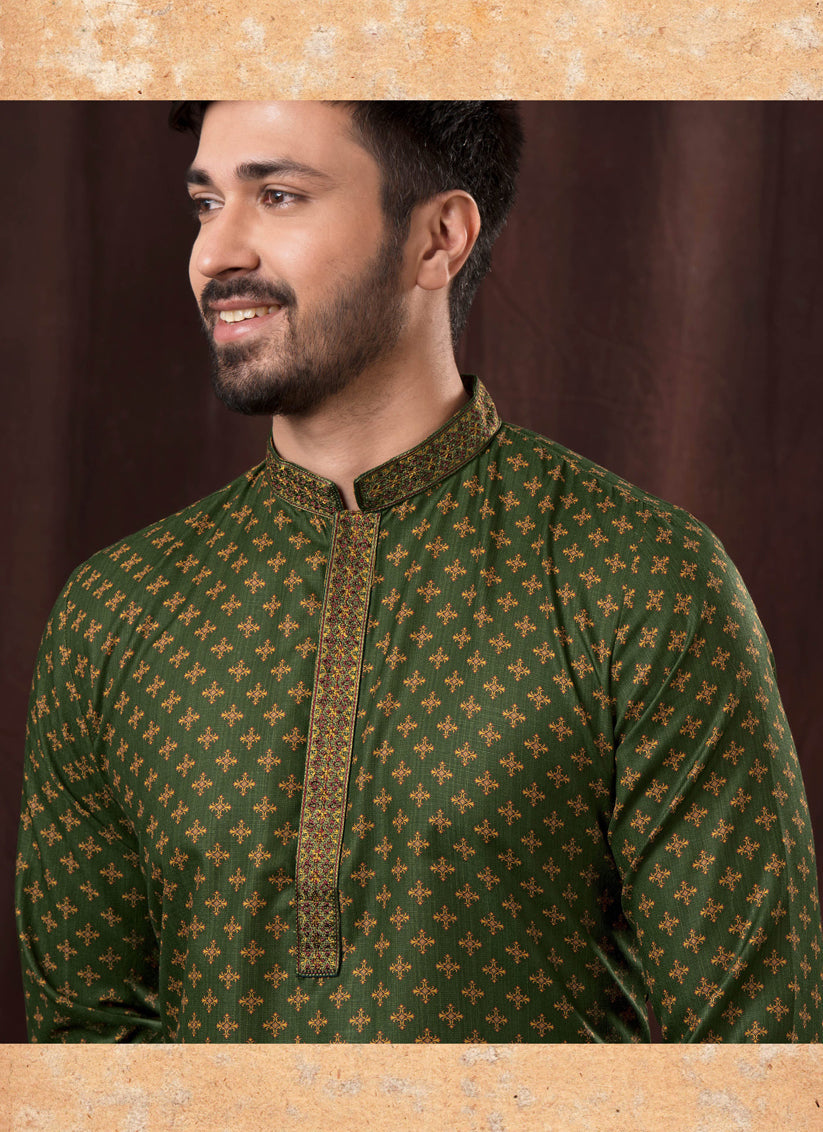 Moss Green Polyester Printed Kurta Pyjama Set