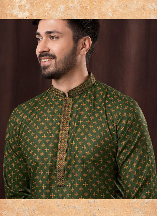 Moss Green Polyester Printed Kurta Pyjama Set