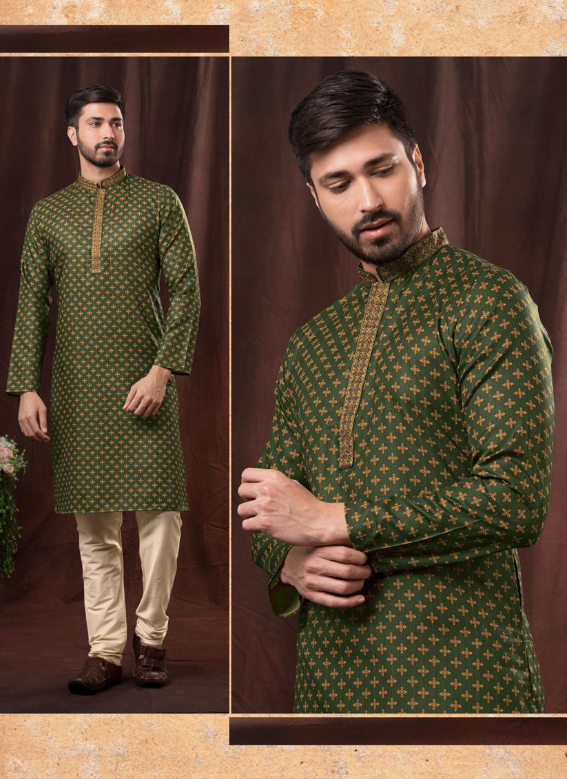 Moss Green Polyester Printed Kurta Pyjama Set