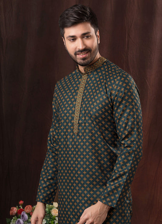 Peacock Blue Polyester Printed Kurta Pyjama Set