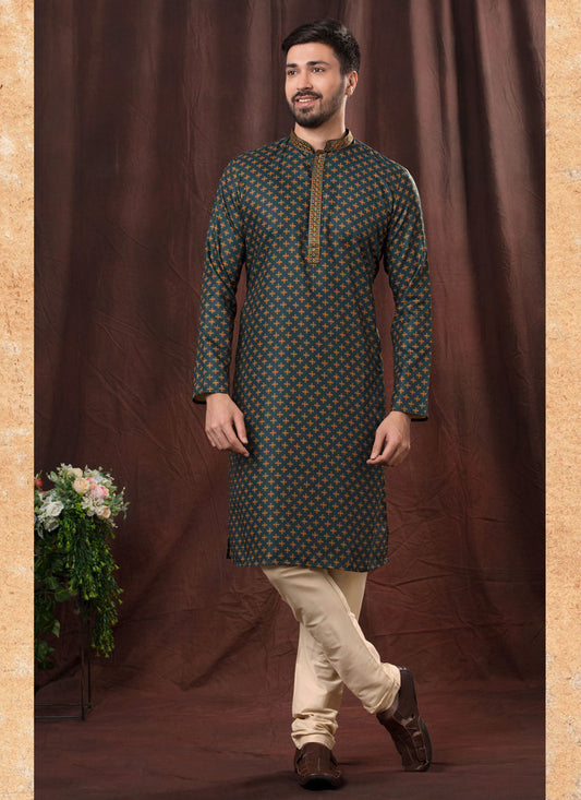 Peacock Blue Polyester Printed Kurta Pyjama Set