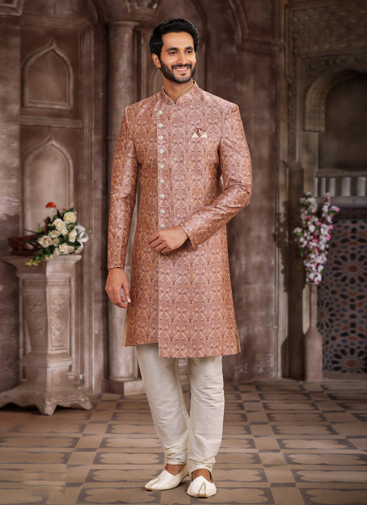 Rose Gold Art Silk Printed Sherwani
