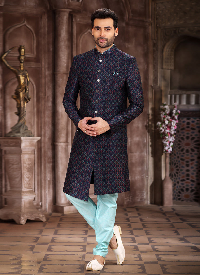 Midnight Blue Art Silk Printed Sherwani