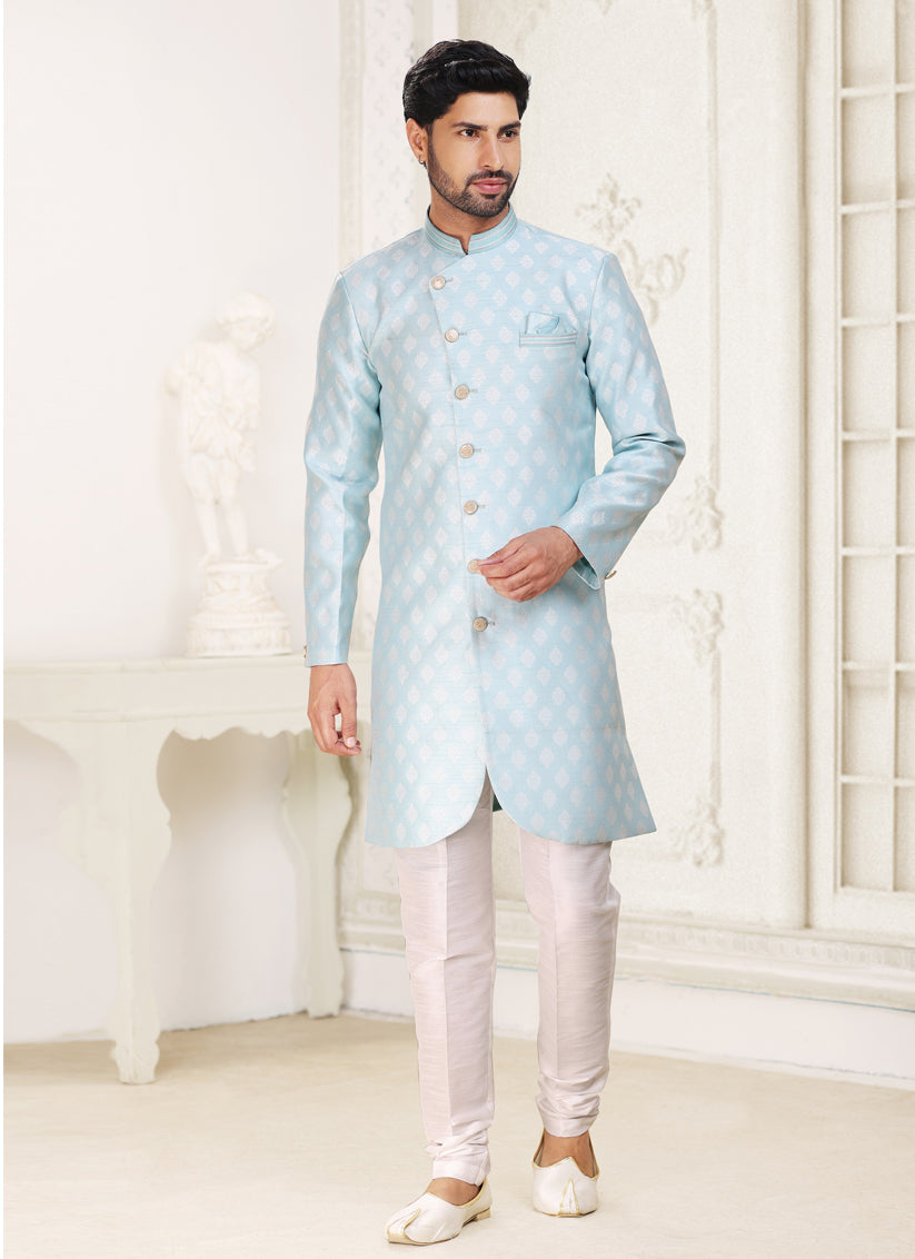 Ice Blue Banarasi Jacquard Semi Indo Western