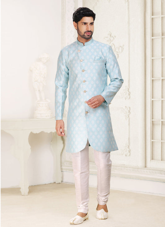 Ice Blue Banarasi Jacquard Semi Indo Western