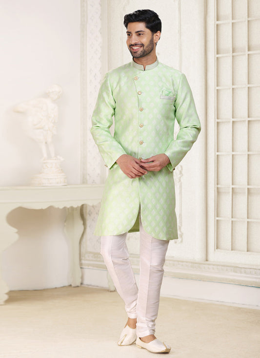 Pastel Green Banarasi Jacquard Semi Indo Western