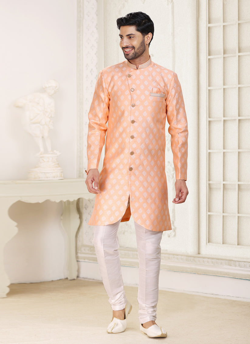 Peach Banarasi Jacquard Semi Indo Western