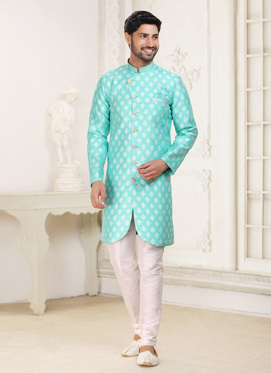 Turquoise Banarasi Jacquard Semi Indo Western