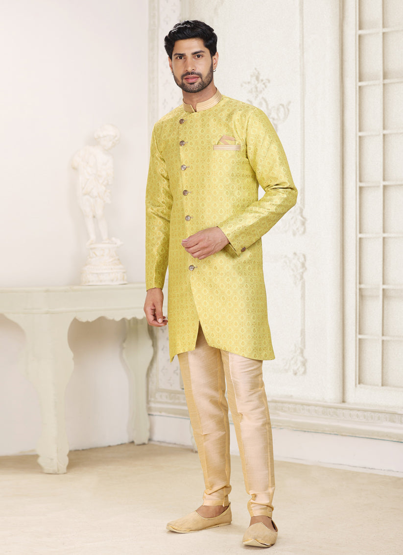 Lime Yellow Banarasi Jacquard Semi Indo Western
