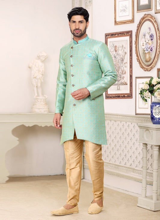 Aqua Mint Banarasi Jacquard Semi Indo Western