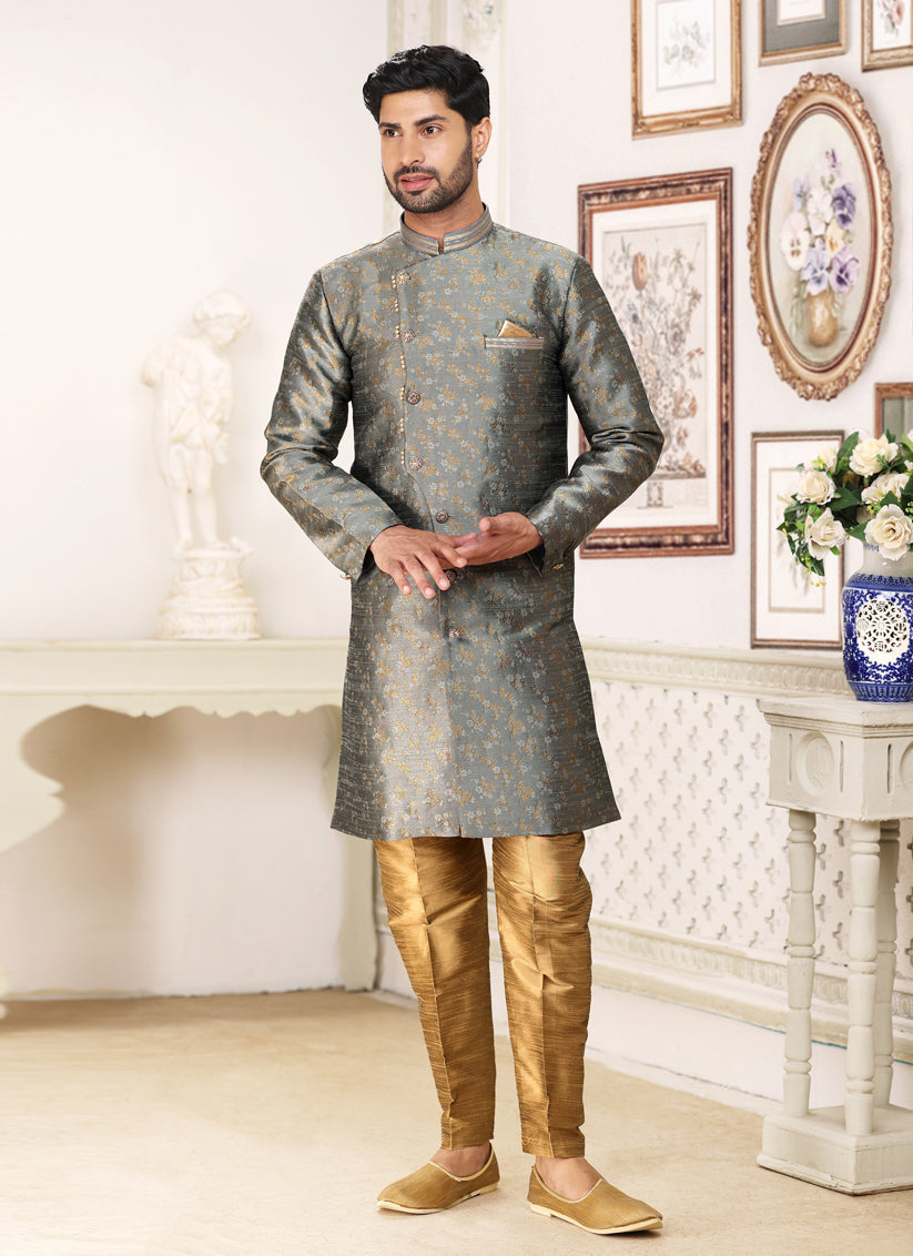 Dusty Grey Banarasi Jacquard Semi Indo Western