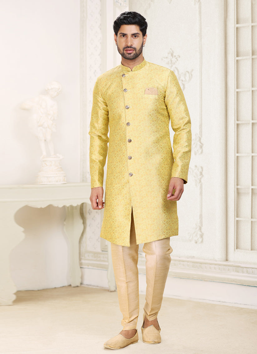 Lime Yellow Banarasi Jacquard Semi Indo Western