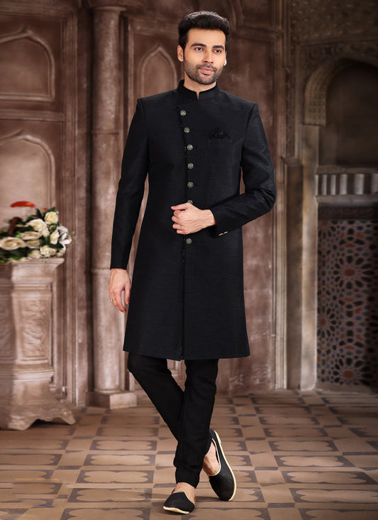 Black Art Silk Men Sherwani