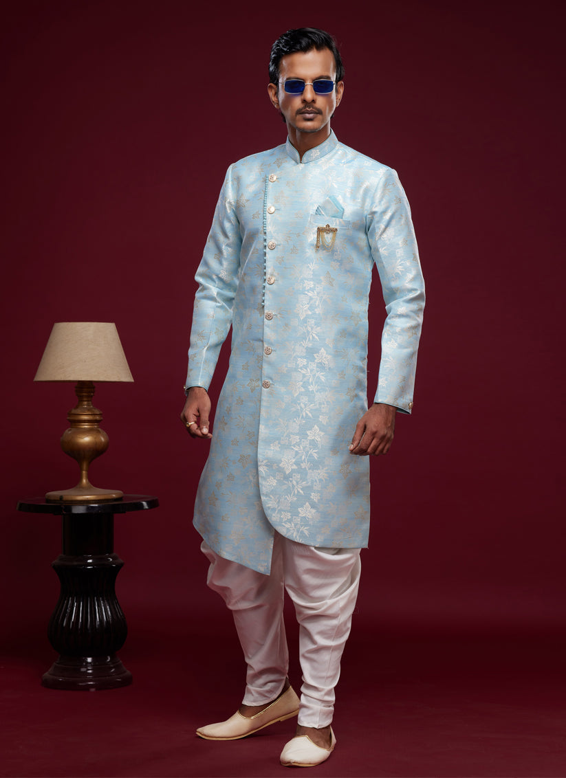 Sky Blue Banarasi Jacquard Indo Western Outfit