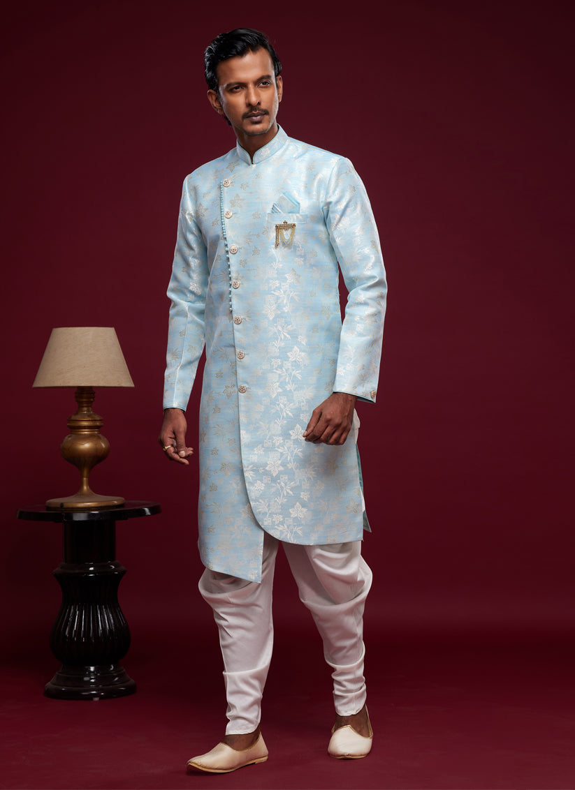 Sky Blue Banarasi Jacquard Indo Western Outfit
