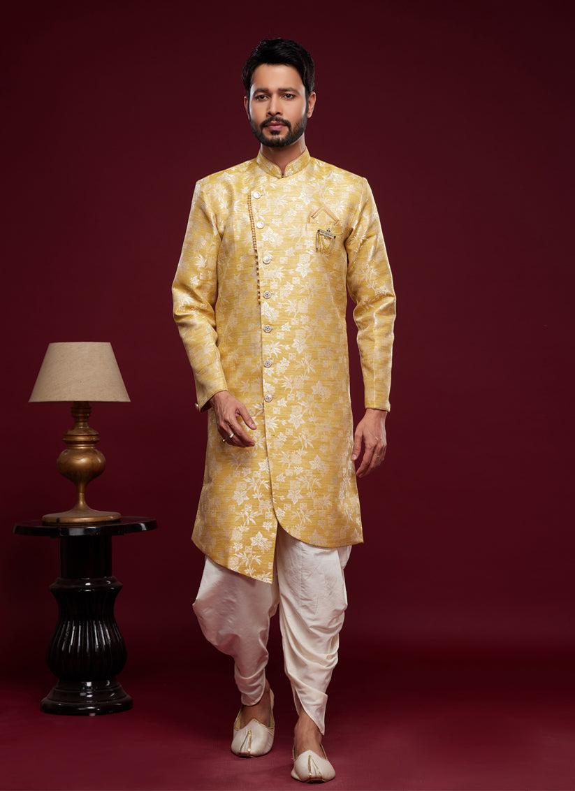 Yellow Banarasi Jacquard Indo Western Outfit