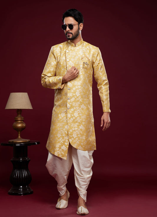 Yellow Banarasi Jacquard Indo Western Outfit