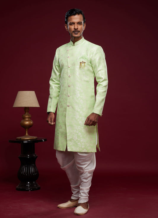 Pista Green Banarasi Jacquard Indo Western Outfit