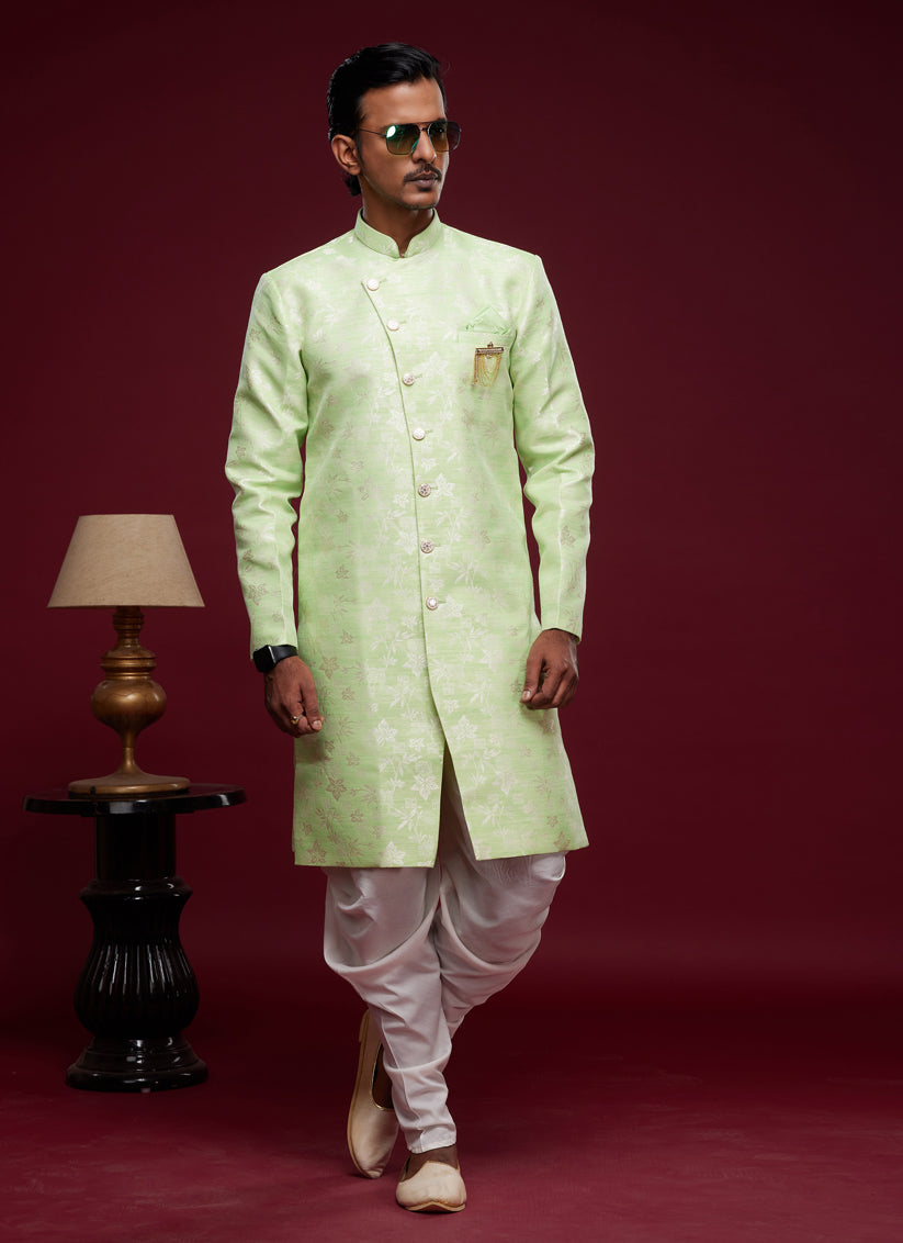 Pista Green Banarasi Jacquard Indo Western Outfit
