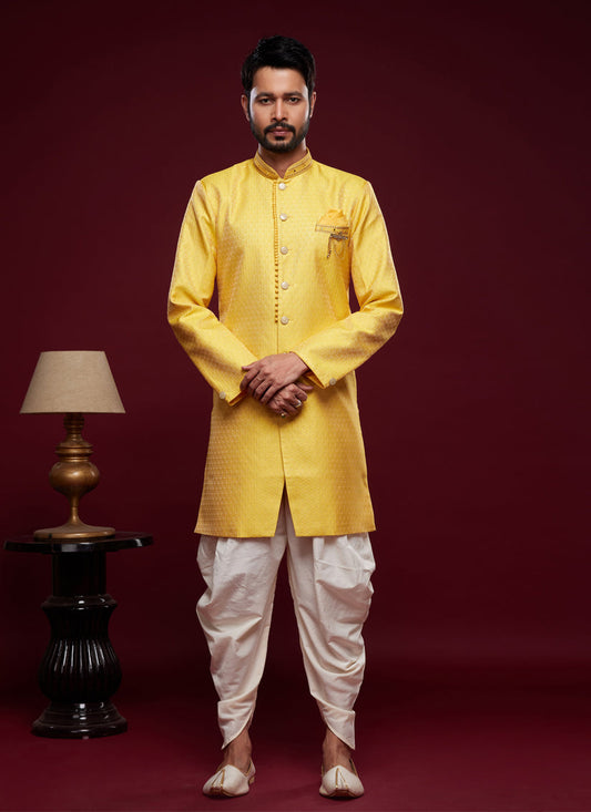 Golden Yellow Banarasi Jacquard Indo Western Outfit