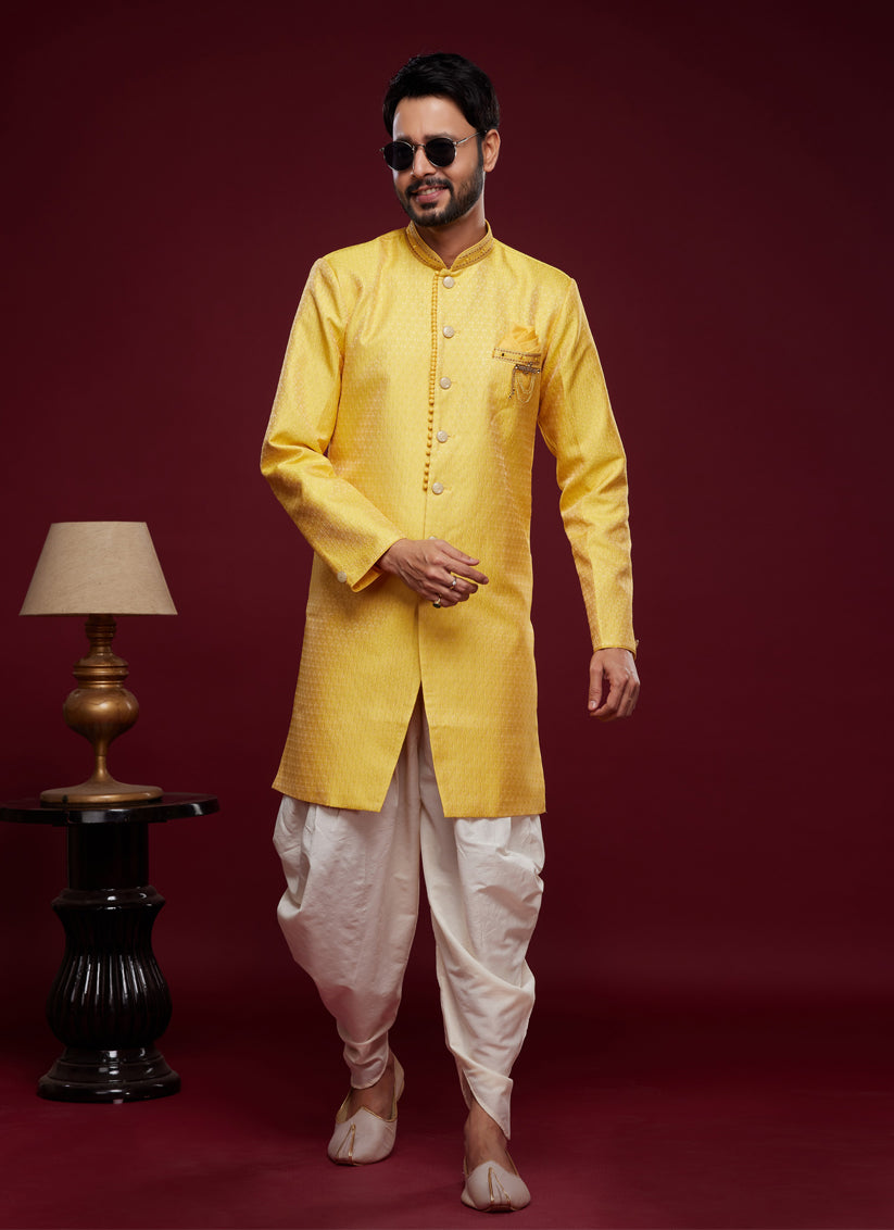 Golden Yellow Banarasi Jacquard Indo Western Outfit