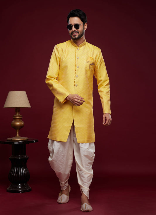 Golden Yellow Banarasi Jacquard Indo Western Outfit