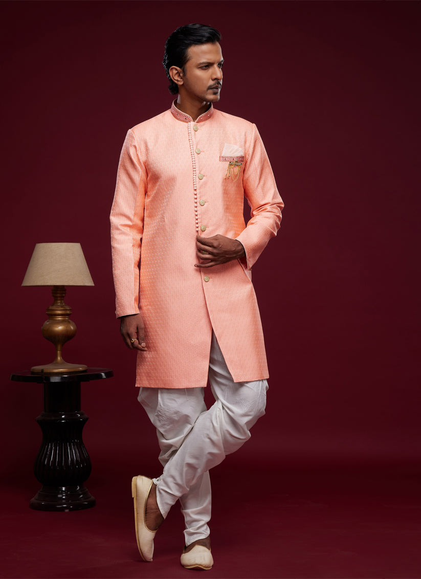 Salmon Pink Banarasi Jacquard Indo Western Outfit