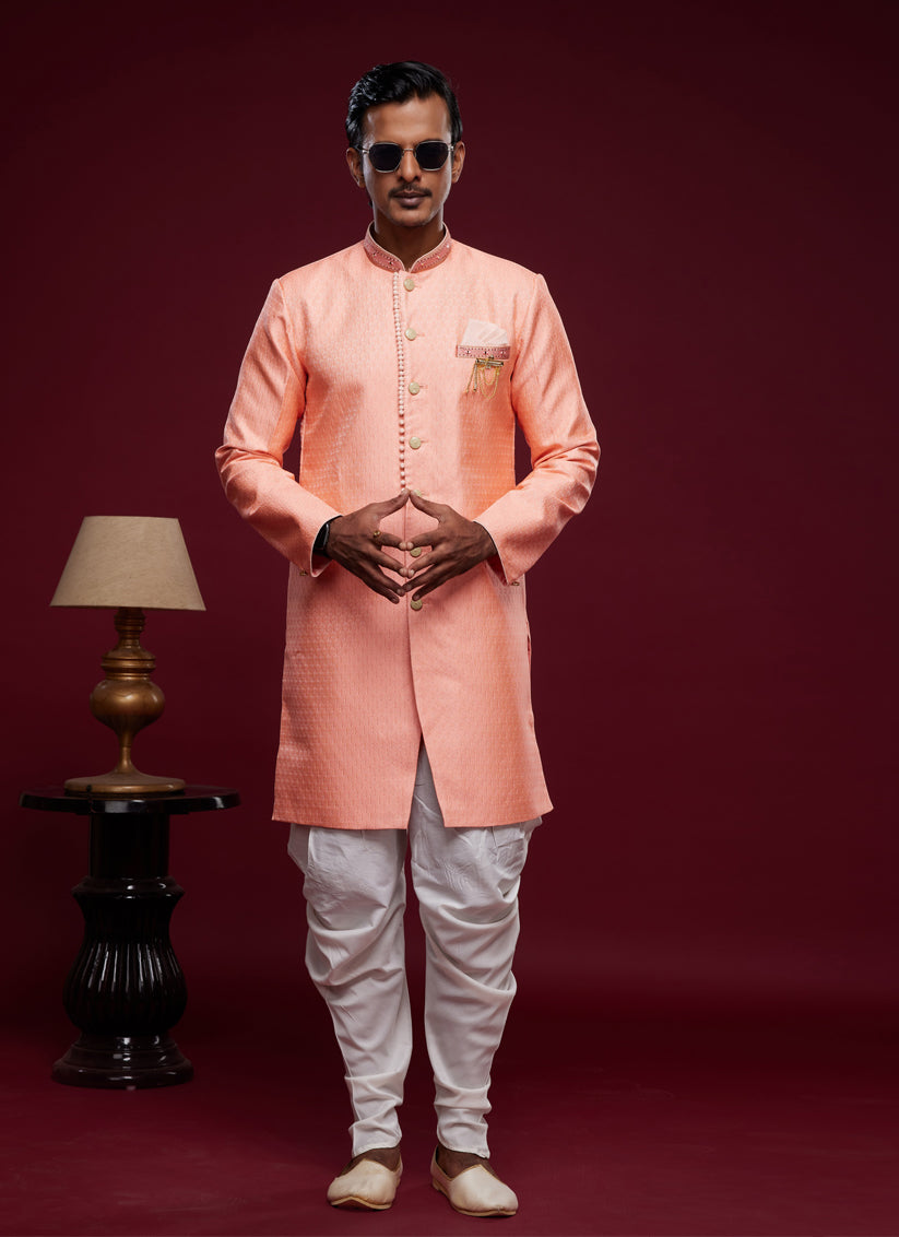 Salmon Pink Banarasi Jacquard Indo Western Outfit