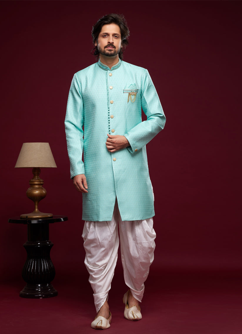 Turquoise Banarasi Jacquard Indo Western Outfit