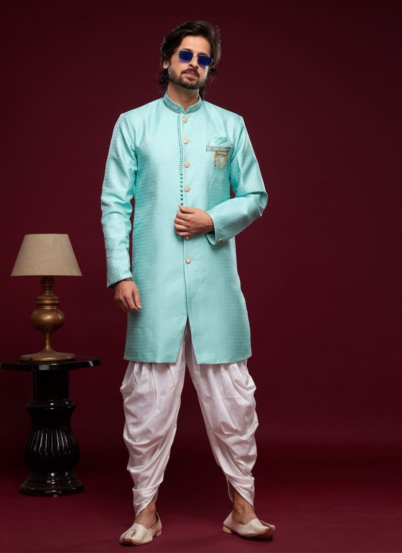 Turquoise Banarasi Jacquard Indo Western Outfit