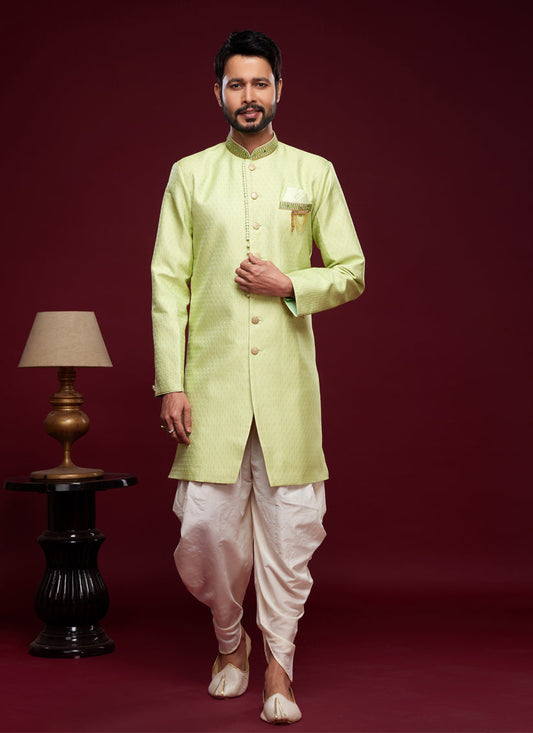 Pista Green Banarasi Jacquard Indo Western Outfit