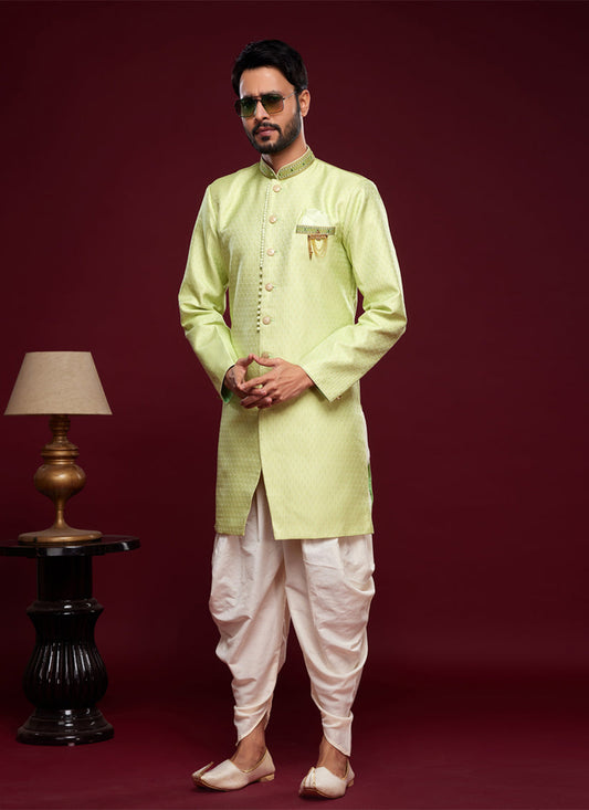 Pista Green Banarasi Jacquard Indo Western Outfit