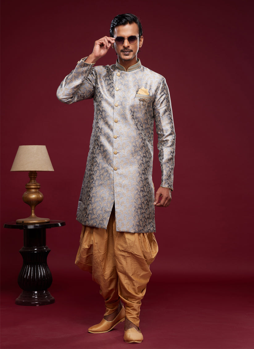 Grey Banarasi Jacquard Indo Western Outfit