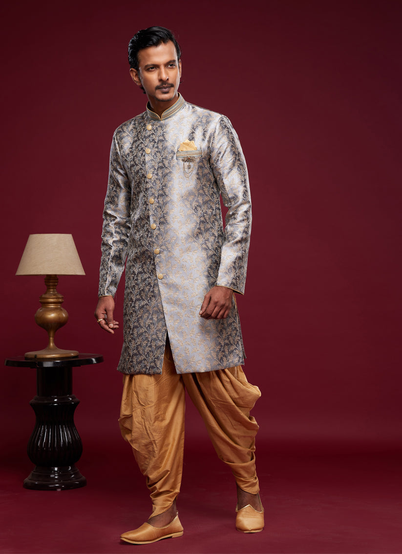 Grey Banarasi Jacquard Indo Western Outfit