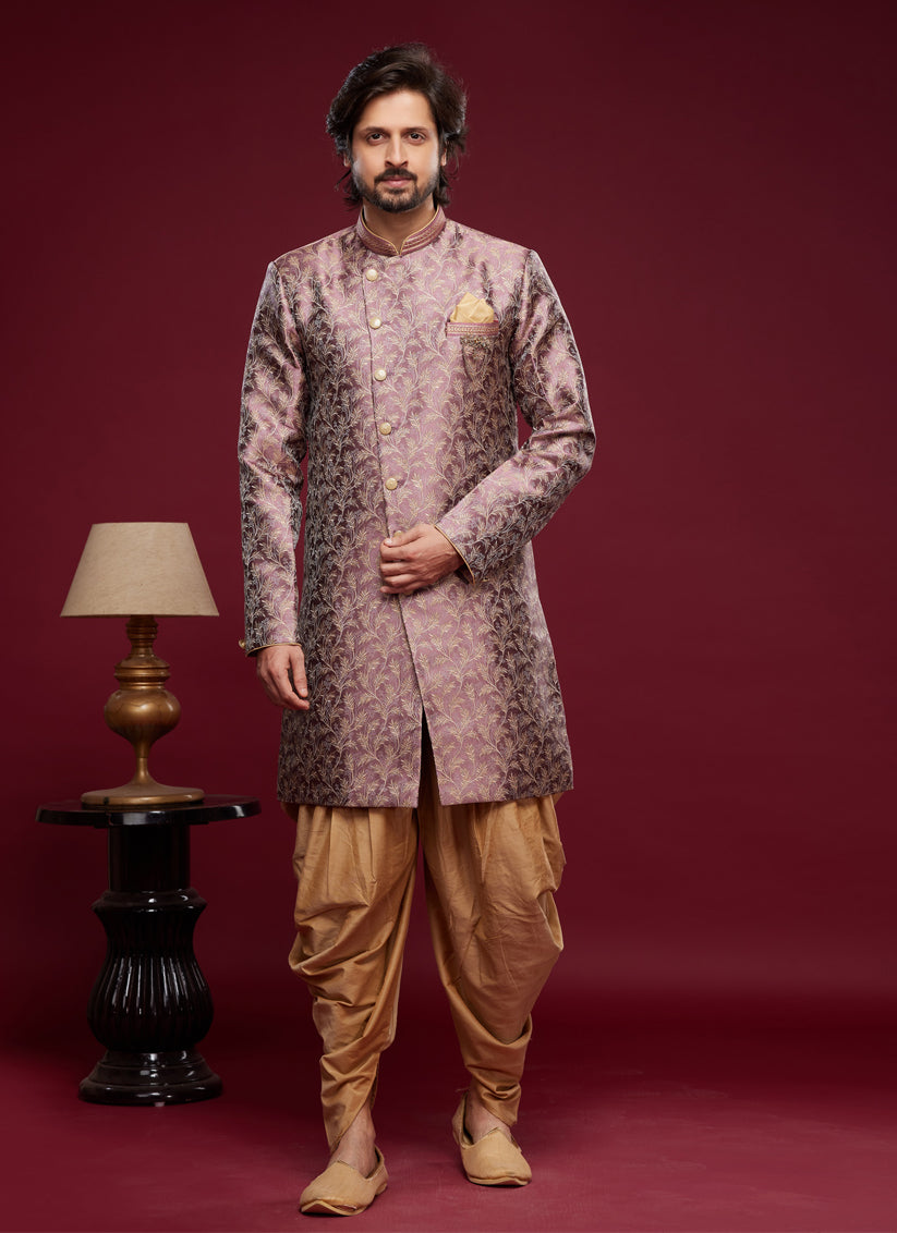 Onion Pink Banarasi Jacquard Indo Western Outfit