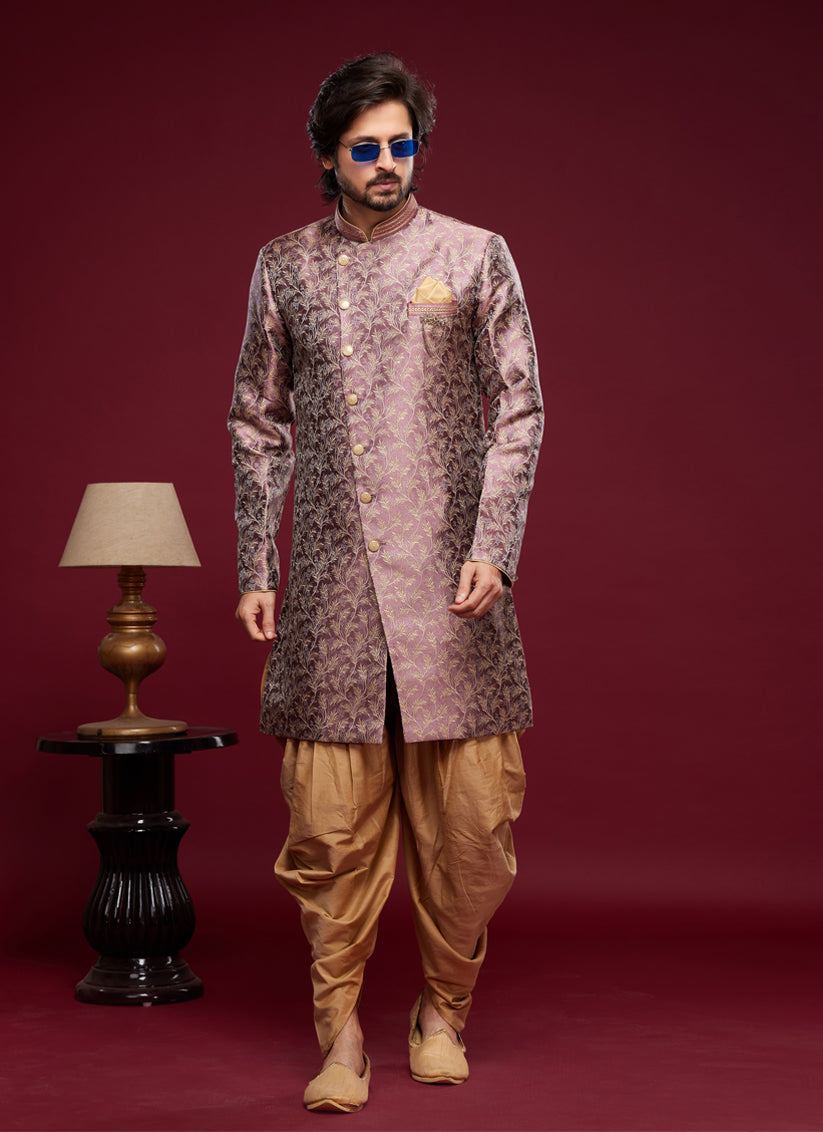 Onion Pink Banarasi Jacquard Indo Western Outfit