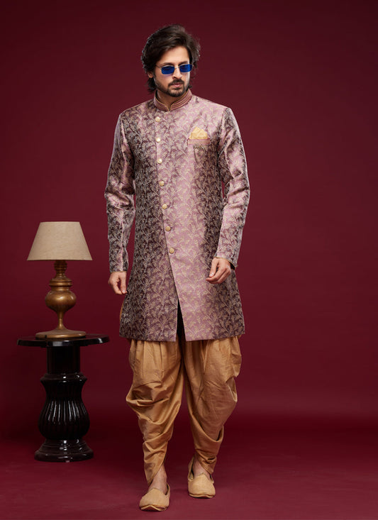 Onion Pink Banarasi Jacquard Indo Western Outfit