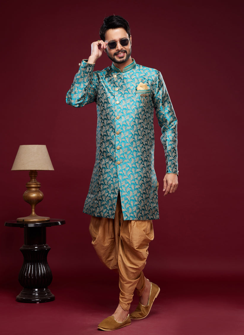 Teal Green Banarasi Jacquard Indo Western Outfit