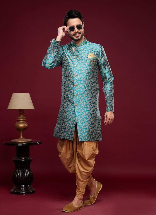 Teal Green Banarasi Jacquard Indo Western Outfit