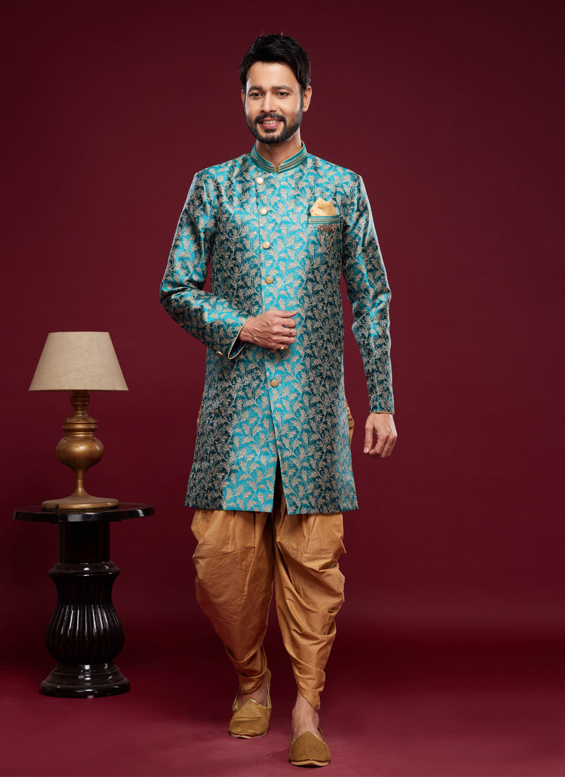 Teal Green Banarasi Jacquard Indo Western Outfit
