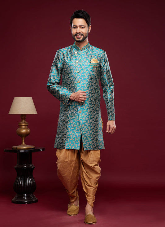 Teal Green Banarasi Jacquard Indo Western Outfit