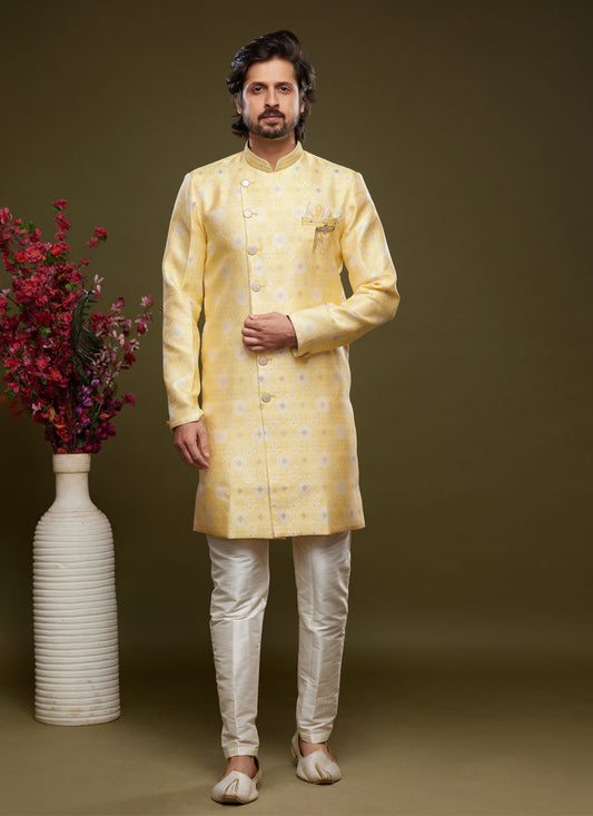 Yellow Banarasi Jacquard Indo Western Outfit