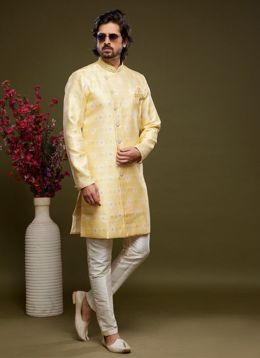 Yellow Banarasi Jacquard Indo Western Outfit